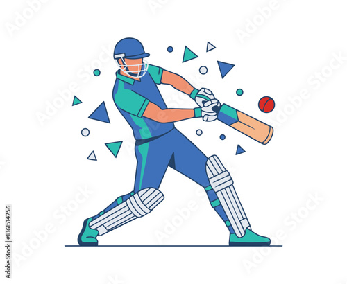 Flat vector illustration of a cricket batsman playing a shot with bat and ball. Clean modern sports artwork on white background.