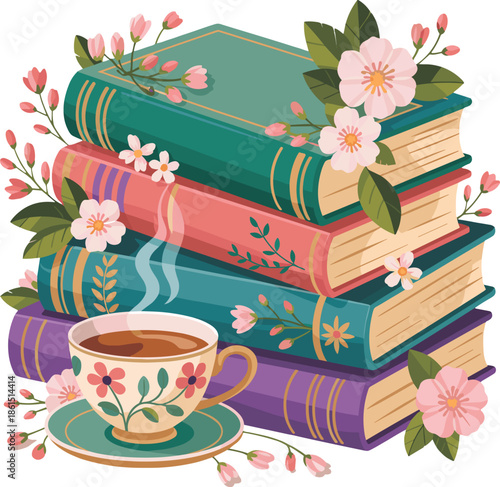 Colorful books with flowers and a teacup pink vector illustration EPS file download.
