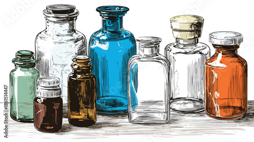 Professional Drawing of Medicine Bottles and Vials for Healthcare Concepts