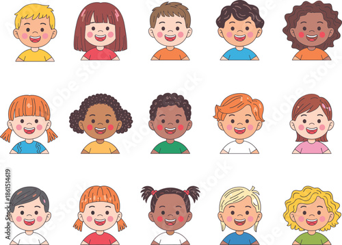 Cartoon-style diverse children’s face illustrations with cheerful expressions ideal for educational materials, inclusivity campaigns, and kids’ activity visuals.