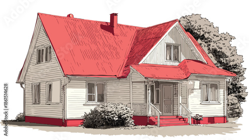 House with Red Roof Vector Drawing for Architecture Design Projects