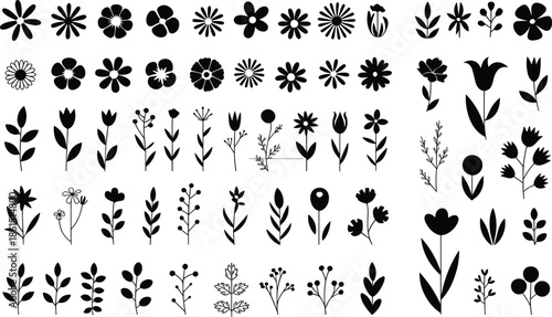 Floral silhouette illustration set featuring abstract flowers, leaves, and botanical elements in minimal black style, perfect for logos, patterns, tattoos, branding, and decorative design projects
