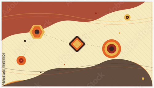 Abstract retro background with geometric shapes and wavy lines in earth tones