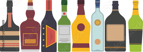 Alcohol bottle illustration set featuring wine, whiskey, vodka, and liquor bottles in modern flat style, perfect for bar menus, packaging design, branding, and beverage related projects