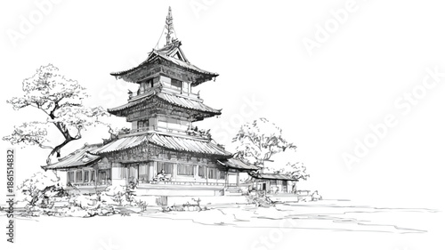 Ancient Temple Drawing with Modern Building Background