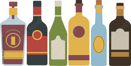 Cartoon-style illustrated liquor and wine bottles in various shapes and colors ideal for beverage branding, packaging design, and product visuals.