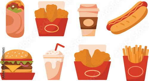 Fast food illustration set featuring burgers, fries, chicken nuggets, hot dog, wraps, coffee, and milkshake, perfect for restaurant menus, delivery apps, branding, and food design projects