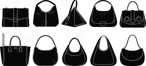 Minimalist black handbag silhouettes collection featuring modern women purse designs, fashion accessories icons set, luxury bags vector illustration
