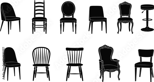 Modern chair silhouettes collection showcasing classic and contemporary seating designs, furniture icons set, minimalist black vector illustration style