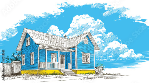 Modern House with Blue Roof and Clear Blue Sky Vector Illustration