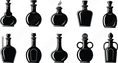 Black potion bottle silhouettes collection featuring vintage glass containers alchemy magic perfume laboratory icons isolated vector illustration set