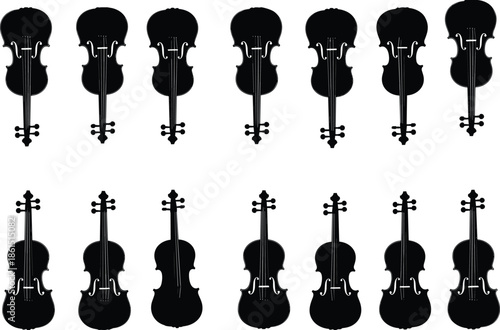 Black violin silhouettes set featuring front and back views classical string instrument icons isolated vector collection music orchestra design elements