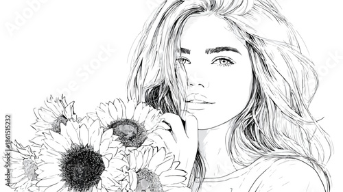 Beautiful Girl Holding Sunflowers in Vector Painting