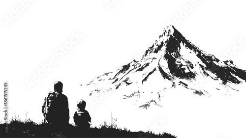Serene Painting of Man and Little Boy Gazing at Majestic Mountain View