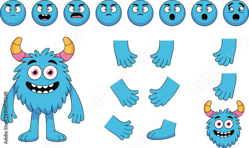 Cute blue monster character creation set featuring facial expressions, hands, feet, and body parts, ideal for cartoons, animations, games, stickers, and kids illustration projects
