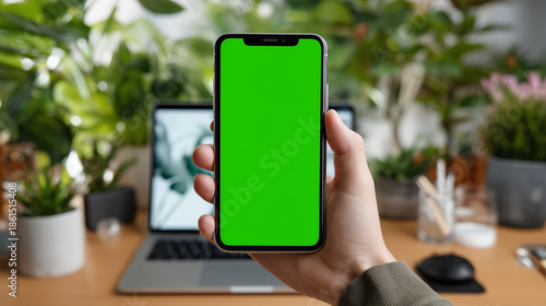Hand Holding Smartphone with Green Screen Mockup in Home Office with Blurred Laptop Monitor in Background. Copy space, aspect 16:9