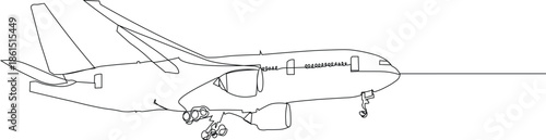 Continuous line drawing of a passenger airplane in a minimalist vector illustration symbolizing aerospace. Aviation technology. Air transport. Engineering. Travel industry concept.
