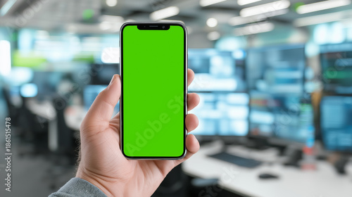 Hand Holding Smartphone with Green Screen Mockup in Modern Office with Blurred Computer Monitors in Background