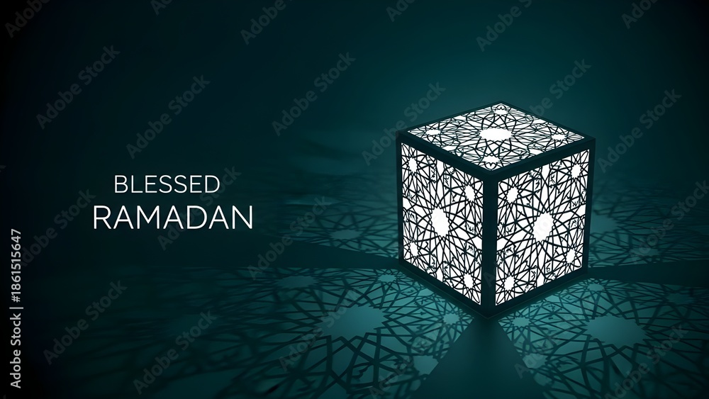 Obraz premium Blessed Ramadan Mubarak Greeting with Islamic Lantern Cube and Ornamental Pattern Background