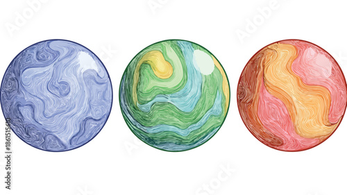 Vibrant Series of Three Balls with One Being Colored - Abstract Geometric Design
