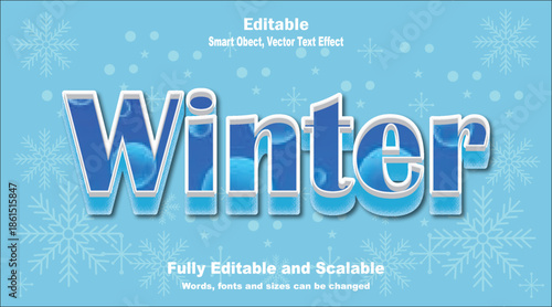 Winter text effect frosty ice typography with cold snow texture.