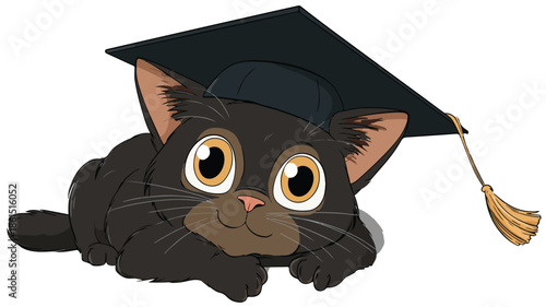 Cute Cartoon Graduate Cat with Outline on White Background Vector
