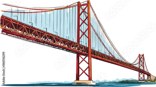 Colorful Cartoon Vector of Famous Ponte 25 de Abril Bridge in Isometric View