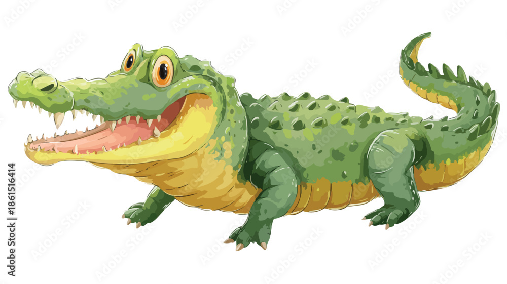 Fototapeta premium Adorable Cartoon Crocodile Illustration with Outline on White Background