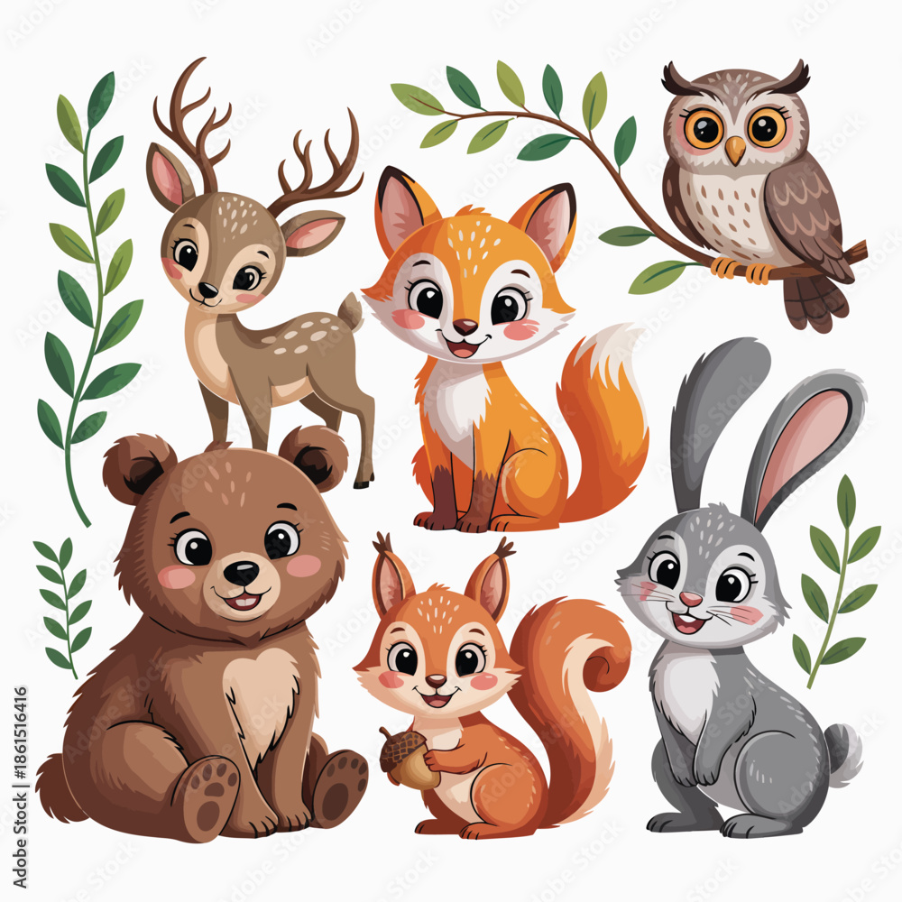 Fototapeta premium Cartoon Forest Animals Group with Deer, Squirrel, Owl and Bear, and Bunny