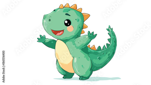 Cheerful Baby Dinosaur Cartoon Waving with Outline Vector Illustration