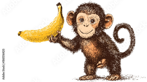Adorable Monkey Holding Banana Vector Illustration with Outline for Design Projects