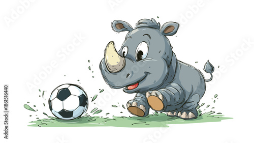 Adorable Rhino Soccer Cartoon Vector Illustration on White Background