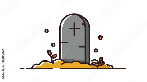 Grave Flat Vector Icon with Outline Isolated on White Background