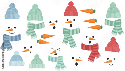 A festive arrangement of cartoon snowmen, decorated with scarves, hats, and carrot noses, scattered across a plain white background with a playful and wintry feel.