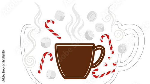 A festive illustration of a steaming brown mug surrounded by candy canes and marshmallows on a clean white background with a holiday theme and warm color palette.