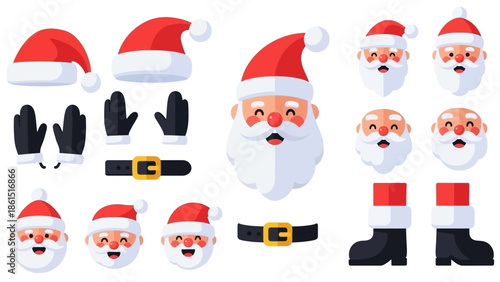 A flat lay of various Christmas-themed cartoon illustrations including a decorated Santa Claus with hats, gloves, belts, and boots on a clean white background.