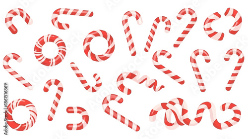 A festive arrangement of red and white striped candy canes on a clean white background, with a shallow focus and a joyful holiday theme.