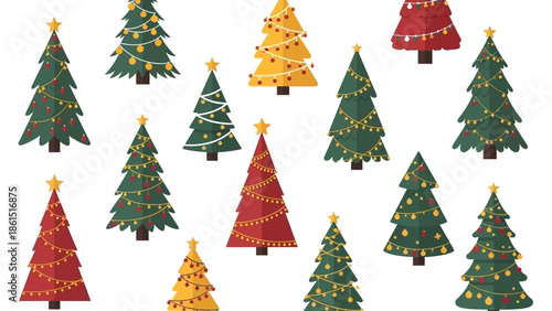 A collection of decorated Christmas trees in various colors and patterns on a white background with a festive holiday theme.