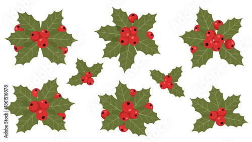 Decorated Christmas wreath made of holly leaves and red berries on a white background with a festive holiday theme.