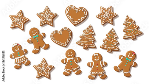 Assorted decorated Christmas cookies including gingerbread men, stars, trees, and a heart on a plain white background with festive holiday treats.