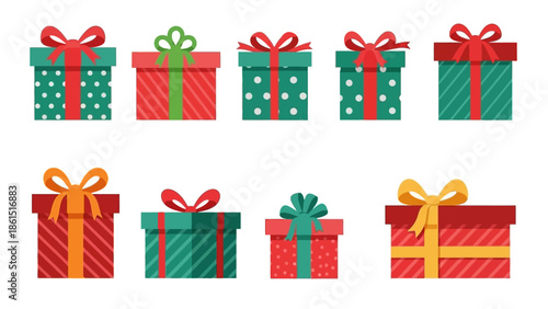Flat lay of colorful, christmas decorated gift boxes with ribbons and bows on a white background.