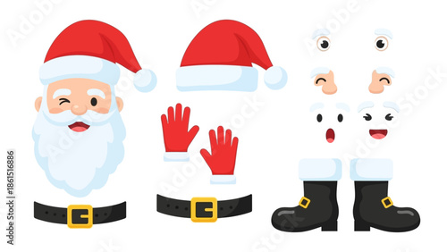 A flat lay of cartoon Santa Claus costume pieces including a hat, gloves, boots, and facial features against a clean white background.