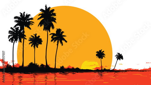 Tropical Sunset with Palm Trees and Vector Outline Isolation