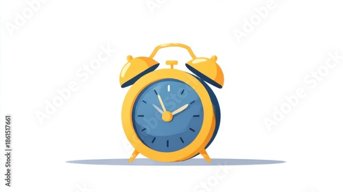 Simple yellow and blue alarm clock with ring bells, a classic instrument for timekeeping and wake-up reminder, isolated on white background. Art illustration. Time management.