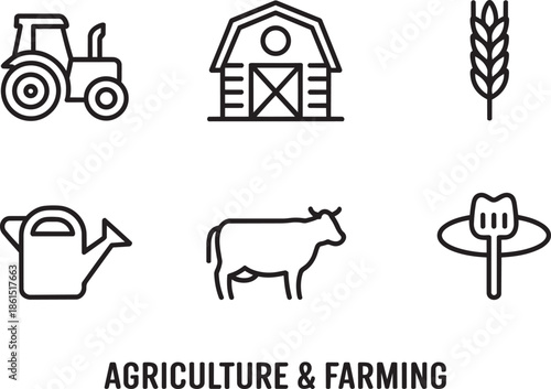 Agriculture and farming line icons, tractor barn cow watering can set