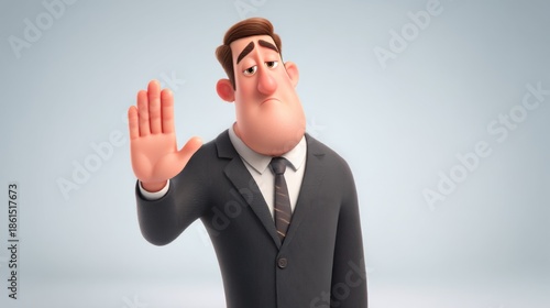 Cartoon man with sad expression gesturing stop with his hand. Business executive displaying refusal. Animated character showing rejection or warning. Art illustration.