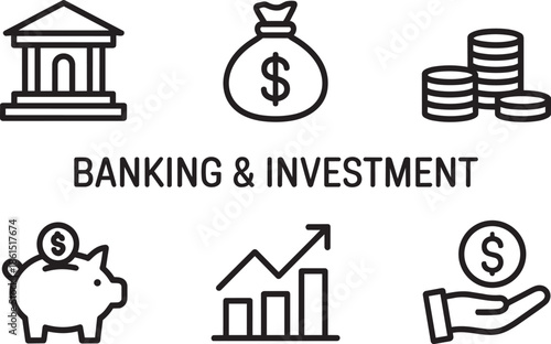 Banking and investment line icons, bank money bag coins piggy bank set