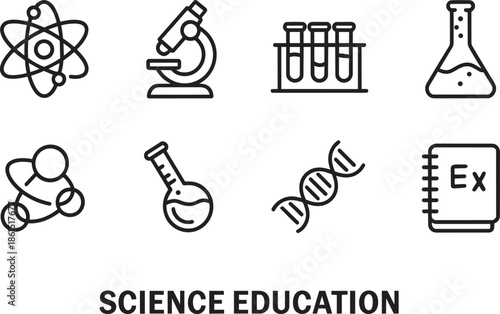 Collection of thin line icons depicting scientific equipment and concepts related to laboratory education and research