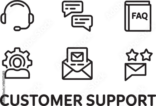Customer support line icons, headset chat faq settings email messages set