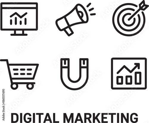 Digital marketing line icons set with analytics megaphone target shopping cart magnet and data